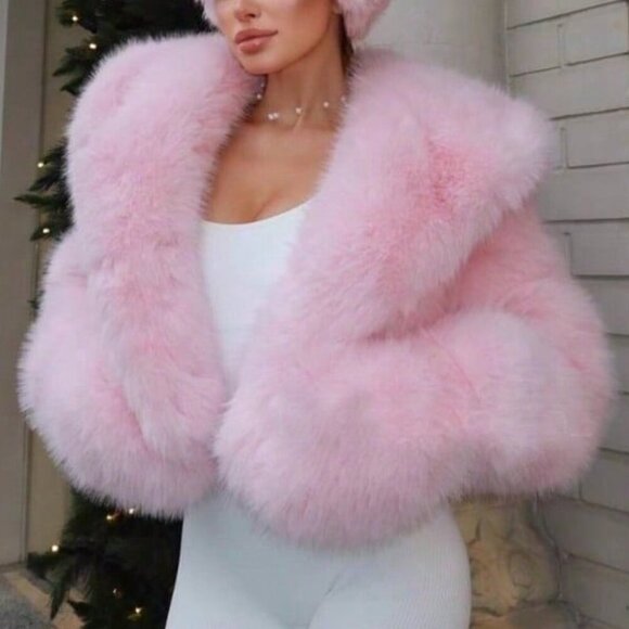 Pink Cute Women's Coat Jacket Faux Fox Fur Hooded Fleece Jacket - Picture 2 of 4